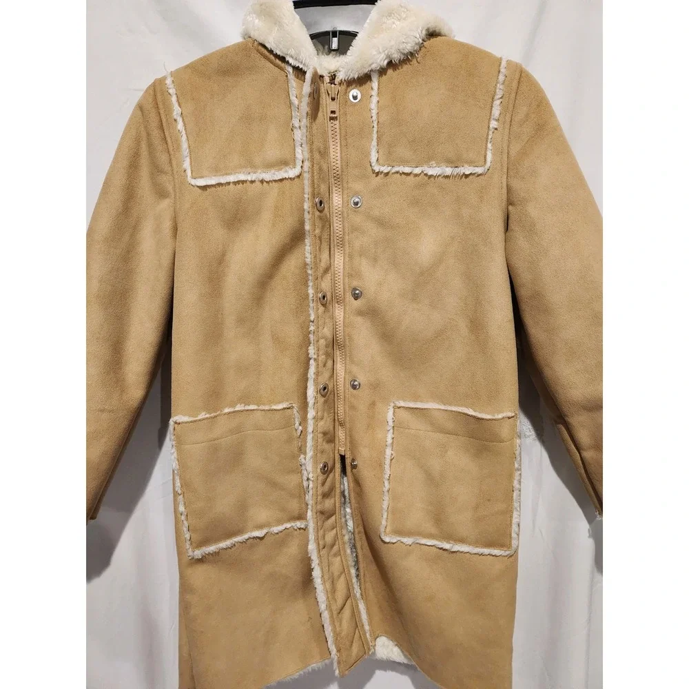 Y2K Gap Tan Faux Suede Hooded Coat Faux Fur Lined Tan Brown Medium 7-8